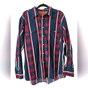 Vintage Rustler by Wrangler Western Blue Red Turquoise Aztec Button Down Shirt